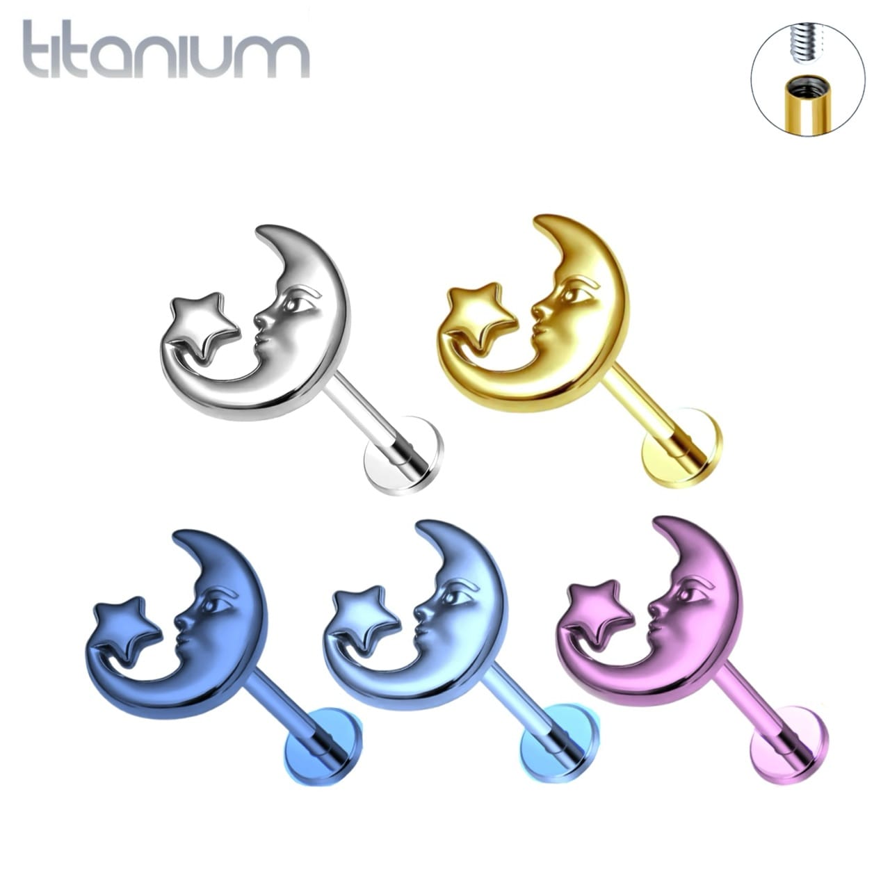 ASTM Titanium Star and Moon Face Top Internally Threaded Labret - Image 1