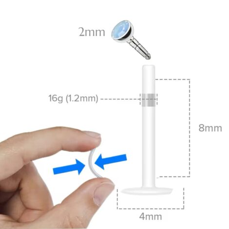 Bioplast Push Fit 2mm Opalite Crystal Top Labret Retainer Stud - Image 2