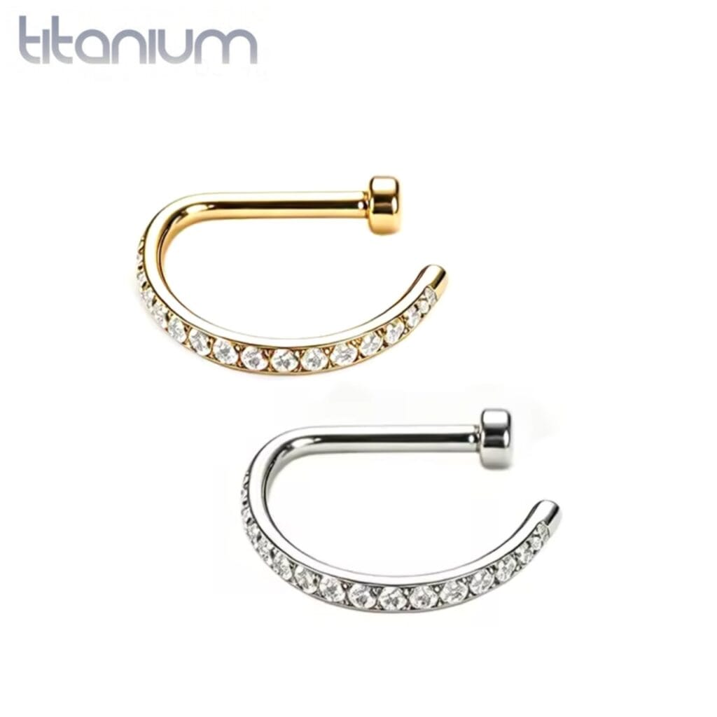 18G ASTM Titanium CZ Lined Open D-Shape Nose Ring Hoop